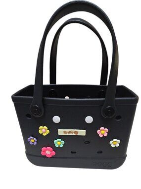 Bogg Black Tote Double Hand Bag With Charms, Interior Clear Zipper Bag